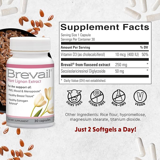 Brevail Plant Lignan Extract Capsules Proactive Breast Health Supplement with 50 mg SDG Lignans from Flax Seed Hulls for Healthy Estrogen Balance and PMS Mood Support Pills 30 Count