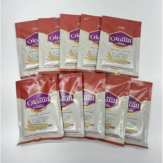 MOHAMMAD AL SAMMAN Barley Coffee Roasted and Ground with Cardamom &amp Saffron 10 Envelopes 50g Each