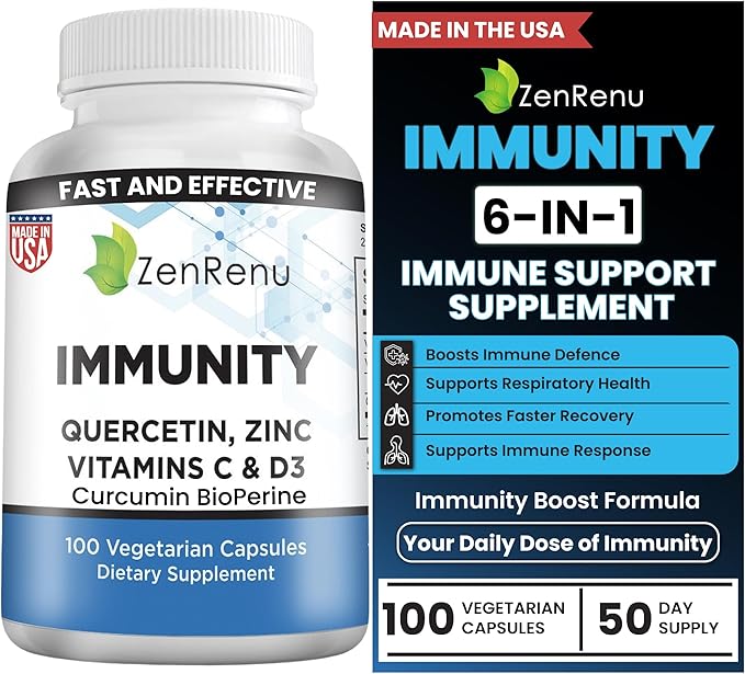 Zenrenu Immunity Quercetin 700 mg Zinc Vitamin C Vitamin D Immune Support Supplement with Curcumin - Easy to Absorb Immunity Supplement 100 Vegetarian Capsules 50 Day Supply