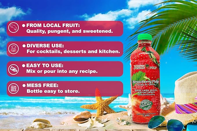 Jungle Pulp Strawberry Puree Costa Rica Blend Topping Flavoring Better than Syrup Mix for Cocktails Smoothies Daiquiri Margarita Tea Desserts Ice Cream and Juice. 33.8oz/1 Liter
