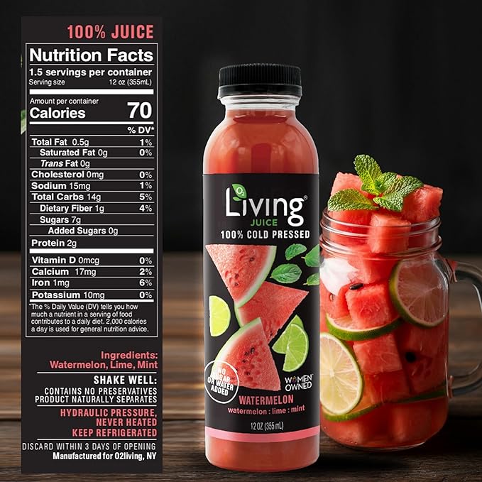 O2 Living Organic Cold-Pressed Juice Drink - 12oz 12 Pack (6 Watermelon + 6 Variety) - No Added Sugars or Water Naturally Sweetened from Fruits Packed with Nutrients &amp Vitamins Refreshing Non