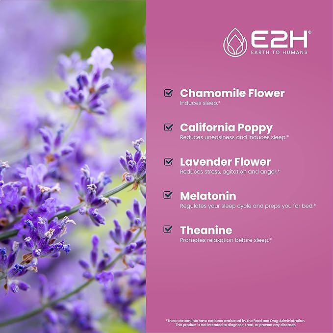 E2H Natural Sleep Support - Liquid Melatonin with Chamomile Theanine - Sleep Better Deeper Longer - Vegan GMO-Free - Provides Stress Relief - 2 Fl Oz