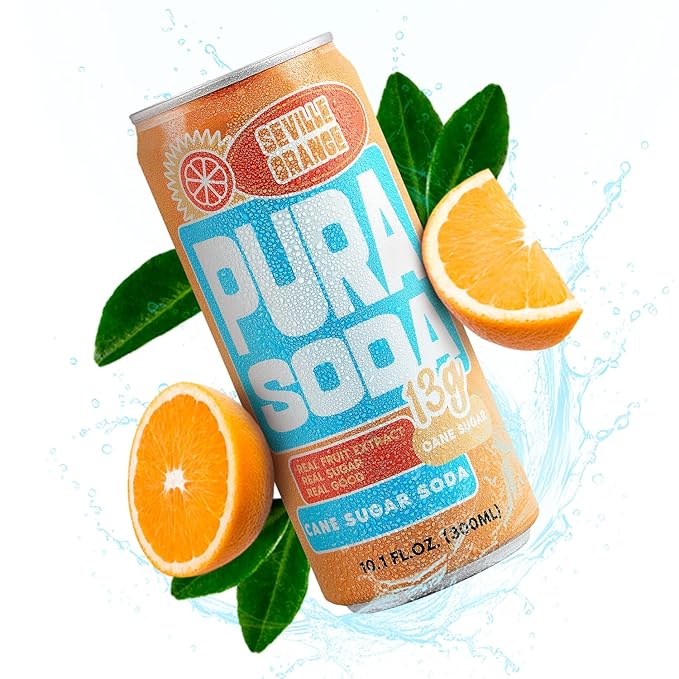 PuraSoda® Seville Orange | 65 Calories &amp 13g Pure Cane Sugar per Can | Non-GMO Vegan | Made with Pure Cane Sugar Clean &amp Refreshing | 10 fl oz (300ml) Cans Pack of 24
