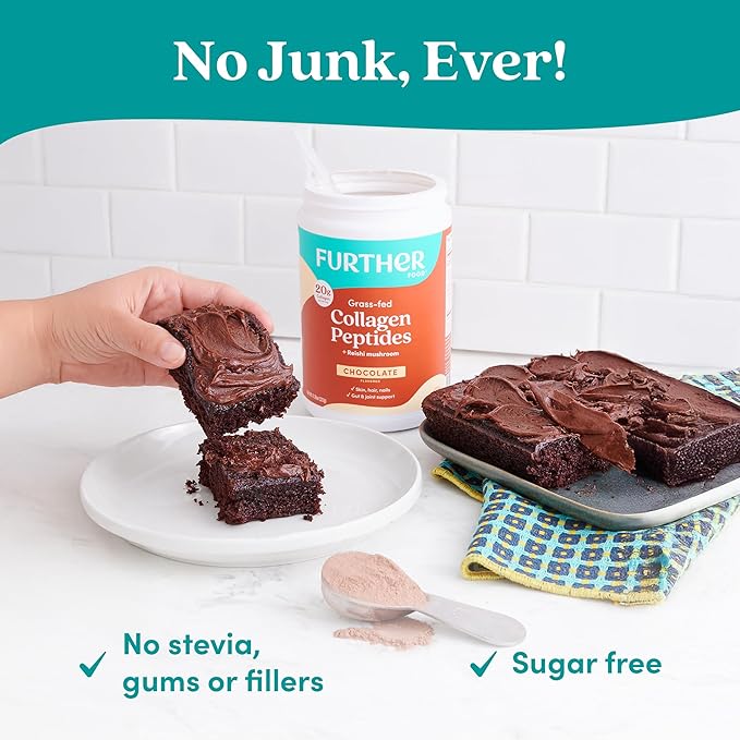 Further Food Chocolate Collagen Peptides Powder with Reishi Mushroom - 100% Grass-Fed Hydrolyzed Type 1 &amp 3 20g of Collagen per Serving Supports Skin Hair Nails &amp Joints 11.36 Oz