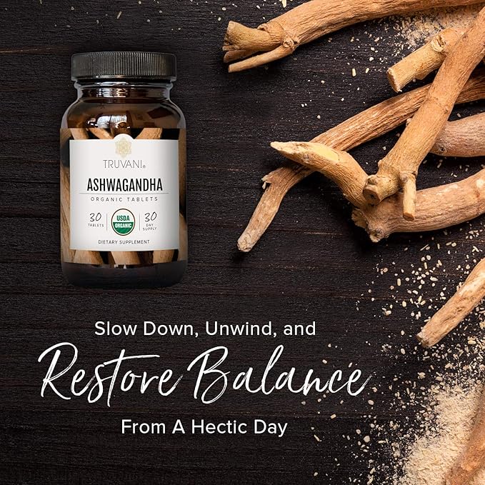 Truvani Organic Ashwagandha | Daily Energy Positive Mood Support Supports Brain Health | Supports Muscle Growth and Endurance | Healthy Sleep Support | Non-GMO | 30 Day Supply