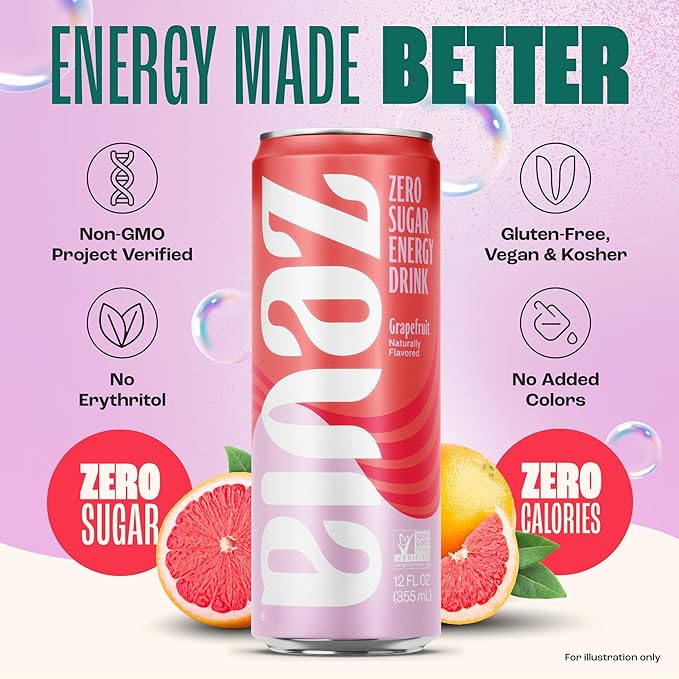 Zevia Zero Sugar Energy Drink Grapefruit 12 oz Cans (12-Pack) – Naturally Sweetened Non-GMO Project Verified Gluten-Free Vegan