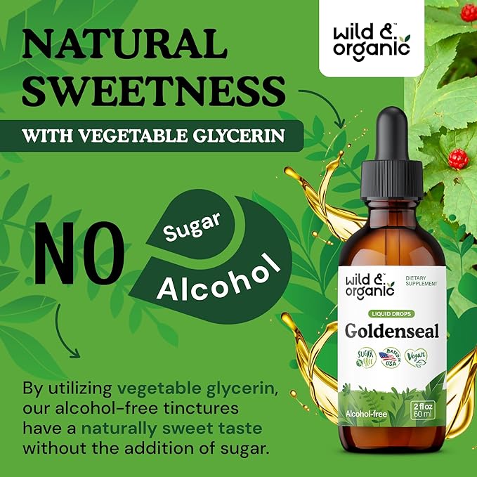 Wild &amp Organic Goldenseal Root Tincture - Lung Cleanse Immune &amp Digestive Support - Liquid Goldenseal Supplement - Vegan Sugar &amp Alcohol-Free Herb Drops - 2 fl oz