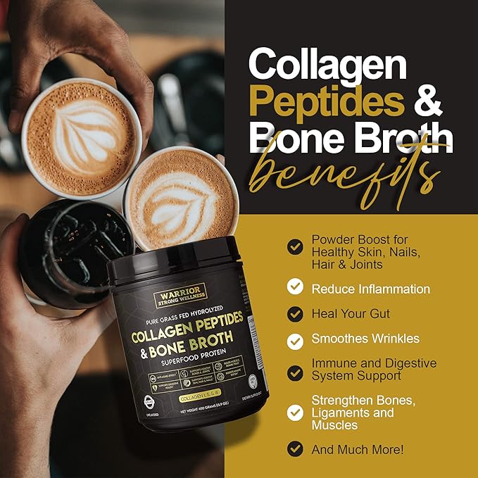 Premium Collagen Peptides Bone Broth Powder: Grass Fed Hydrolyzed Collagen Boost for Healthy Skin Nails Hair Joints Muscles Bones Digestion Keto Friendly Unflavored