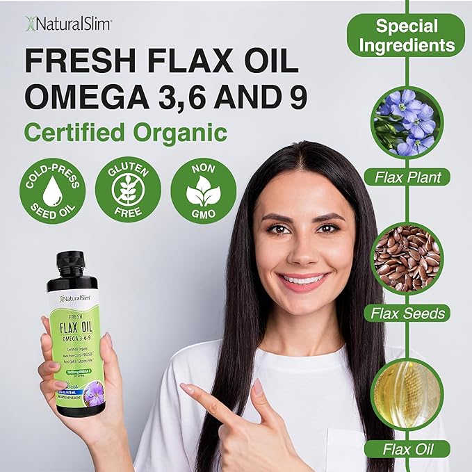 NaturalSlim Flaxseed Oil Liquid Fresh Taste Flax Oil Organic Cold Pressed &amp High in Omega 3 6 9 Fatty Acid Flax Seed Supplement for Healthy Cells Hair Skin &amp Nails - Fresh Taste 16 fl. Oz.