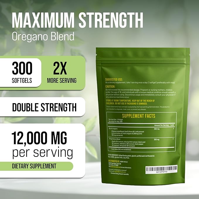 Oil of Oregano with Black Seed Oil– 12000mg Oregano Oil Capsules Organic High Carvacrol – Aceite de Orégano Cápsulas Immune Support Supplement – Non-GMO - 300 Softgels