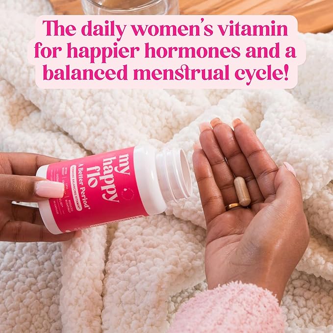 My Happy Flo PMS Support Supplement for Women with Iron PMS Relief Hormone Support for Women 10-in-1 PMDD Supplements for Women | DIM &amp I3C Indole-3-Carbinol for Cramp Relief Heavy Flow - 60 Ca