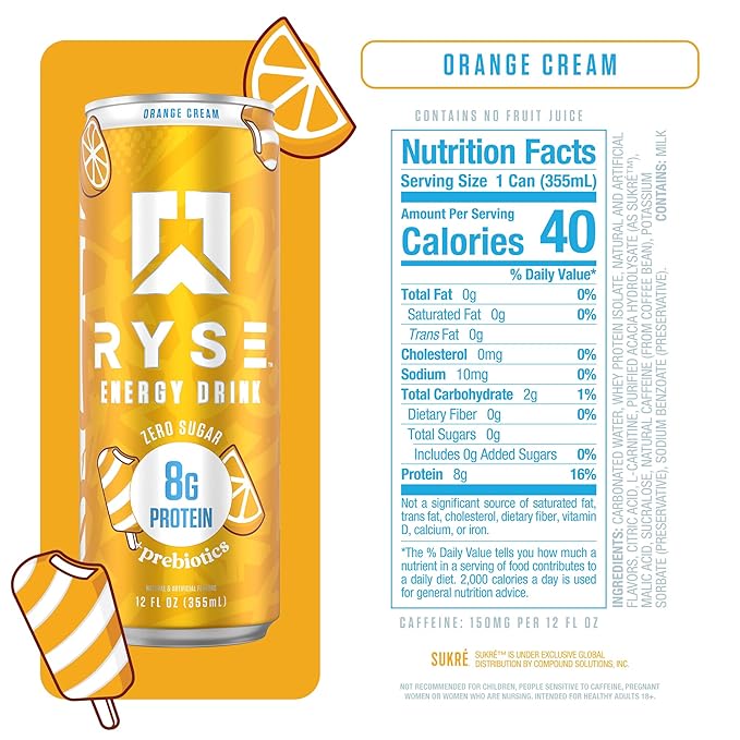 RYSE Functional Energy Drink - Orange Cream - 150mg Natural Caffeine 8g Whey Protein &amp 1g Prebiotics - Sugar Free Gut-Friendly Bloat-Free - 12 fl oz Cans (12-Pack)