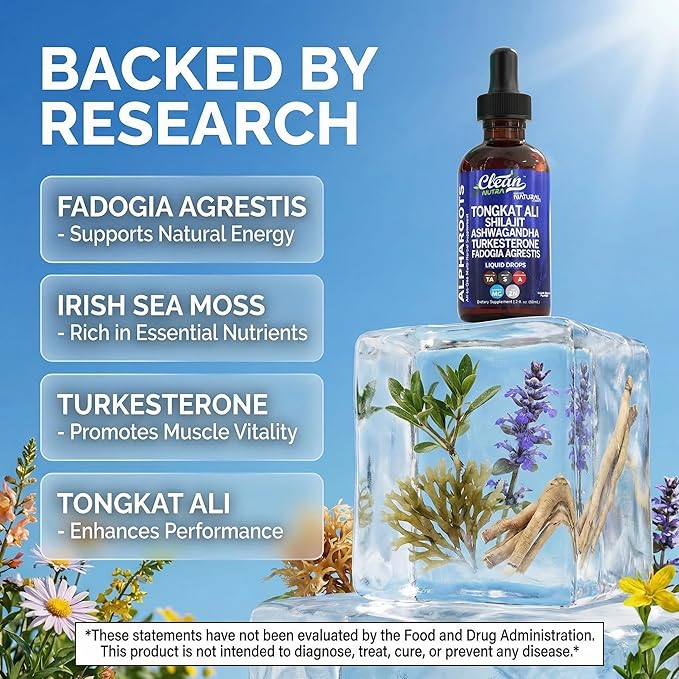 Tongkat Ali Liquid Drops Shilajit Ashwagandha Turkesterone Fadogia Agrestis Magnesium Irish Sea Moss and Zinc Herbal Supplement by Clean Nutra