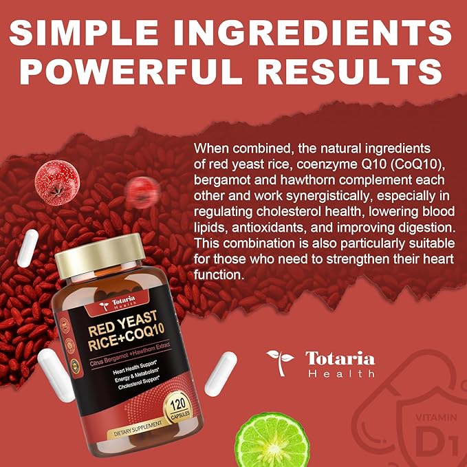 (2 Packs) Red Yeast Rice with CoQ10 Supplement - Citrinin Free Red Yeast Rice 2000 mg Capsules with CoQ10 100mg Plus Citrus Bergamot - Niacin-Free Cholesterol &amp Energy Supplement 3rd-Party Teste