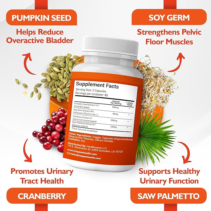 Happee Overactive Bladder Control Supplement for Women &amp Men - Pumpkin Seed Extract Soy Germ Saw Palmetto &amp Cranberry Blend - Bladder Support for Urinary Frequency Leaks &amp Urgency - 90