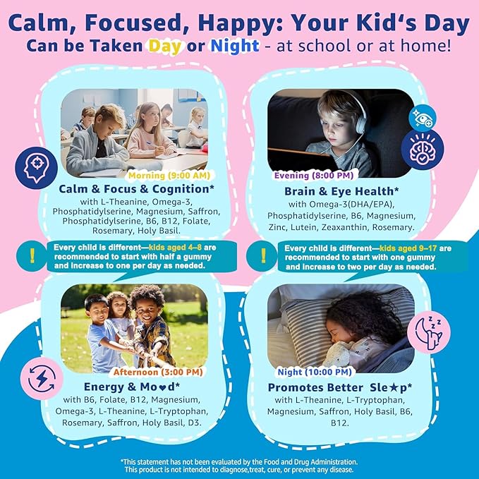 Saffron + Magnesium Glycinate+ Omega-3 - Calm Focus Gummies for Kids 4+ Saffron Extract Supplement with L-Theanine Holy Basil Rosemary B6 B9 B12 D3 for Happy Mood Cognition ZZz Sugar Free