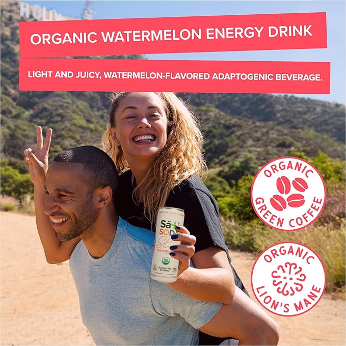 Sati Slim Organic Watermelon Soda - Adaptogenic Beverage with Lions Mane Green Coffee Bean &amp Acerola Vitamin C | Zero Calories Zero Sugar 12-Pack Case (12 Pack of 12 Ounce Cans Watermelon)