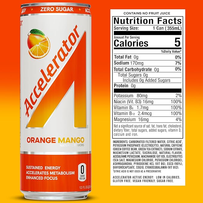 Accelerator Energy Drink Orange Mango 12oz can (12 pack) Zero Sugar Sustained Energy from 100% Natural Caffeine (200mg from Green Coffee Bean &amp Green Tea extract)