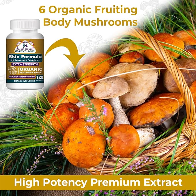 Cancer Sciences Skin Wellness Supplement USDA Certified Organic Extract Mushrooms Supplement Extra Strength 1500 mg High Potency 40% Beta-Glucans Immune Support Glowing Complexion 120 Capsules