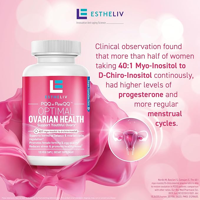 Optimal Ovarian Health | Myo-Inositol + D-Chiro &amp PQQ | Fertility Hormonal &amp Ovarian Support | PCOS Ideal 40:1 Ratio | Vitamin B8 Inositol Supplement for Women | Non- GMO | 120 Capsules