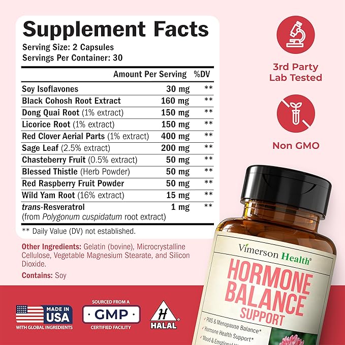 Hormone Harmony for Women with Black Cohosh Dong Quai &amp Red Clover – Natural Hormone Balance for Women of All Ages – Supports PMS Menopause &amp Mood – Women’s Hormone Balance Supplement – 60 C