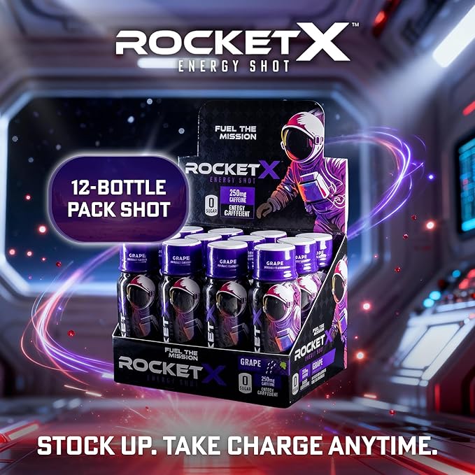 RocketX Energy Drink Zero Sugar Zero Calorie Beverage with Caffeine and B Vitamins Grape Flavor 3 fl oz Portable Bottle Pack of 12