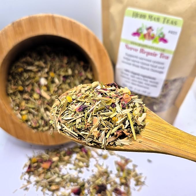 NERVE REPAIR TEA with Lions Mane Mushrooms for tremors &amp nerve damage formulated by master herbalist Khabir – 100% Organic Non-GMO no additives