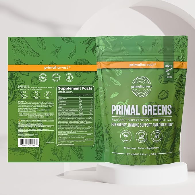 Primal Harvest Super Greens &amp Collagen Powder Supplements for Women and Men Superfood Greens Powder and Collagen Peptides Powder for Hair Skin and Nails Bundle