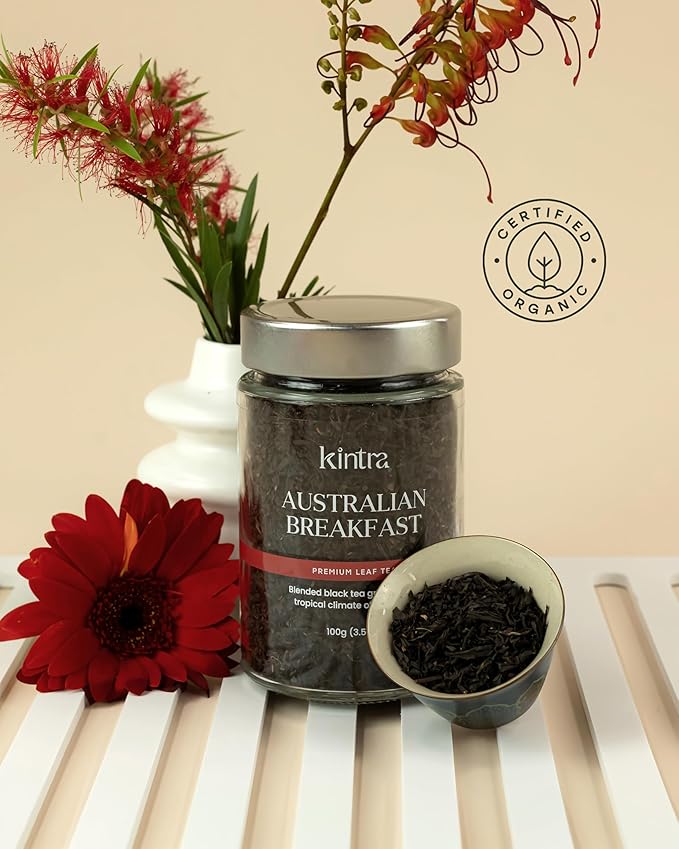 Kintra Foods Australian Breakfast Loose Leaf Tea Jar 100g | Natural Black Tea Bold &amp Full-Bodied Flavor | Eco-Friendly Antioxidant-Rich No Additives No Sugar