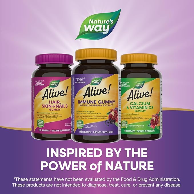 Nature's Way Alive! Immune Support* Gummies with Elderberry Extract Vitamins C &amp D3 Zinc No Gluten Grape &amp Cherry Flavored 90 Vegetarian Gummies (Packaging May Vary)