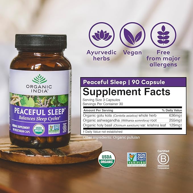 ORGANIC INDIA Peaceful Sleep Herbal Supplement - Deep Sleep Aid for Adults Natural Herbal Aid Without Melatonin Supports Circadian Rhythm USDA Certified Organic Non-GMO - 90 Capsules