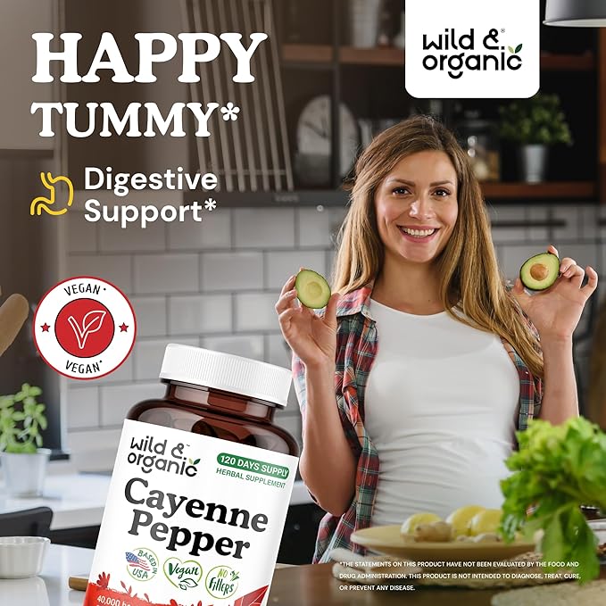 Wild &amp Organic Cayenne Pepper Capsules 500 mg - Digestive Support - Pure Cayenne Pepper Extract - Capsaicin Supplements - Vegan No Fillers Non-GMO - 120 Count