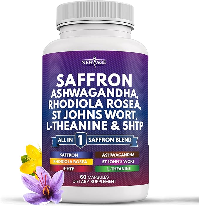 NEW AGE Saffron Supplements with Ashwagandha - Support with L-Theanine Ginkgo Biloba St. John's Wort Rhodiola Rosea &amp 5-HTP - Saffron 60 Count