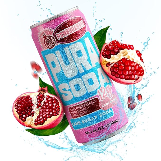 PuraSoda® Pomegranate | 65 Calories &amp 12g Pure Cane Sugar per Can | Non-GMO Vegan | Made with Pure Cane Sugar Clean &amp Refreshing | 10 fl oz (300ml) Cans Pack of 24