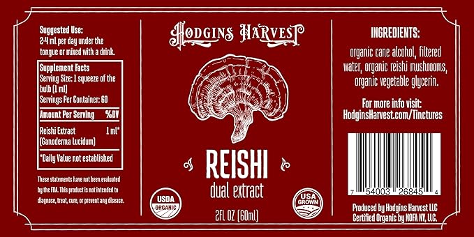 Hodgins Harvest Organic Reishi Mushroom Fruiting Body Extract Tincture - Extra Concentrated Dual Extract Supplement - Supports Heart Health &amp Wellness - USDA Organic Mushrooms - 2 oz