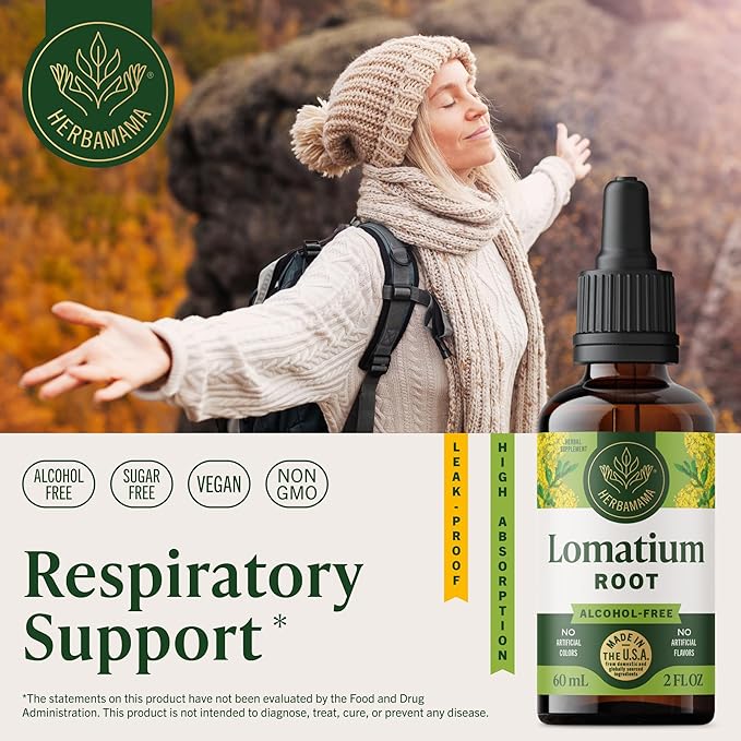 HERBAMAMA Lomatium Root Tincture - Vegan Lomatium Dissectum Extract for Lung Detox &amp Cleanse - Non-GMO Alcohol &amp Sugar-Free Respiratory Lung Support Supplement 28-Day Supply