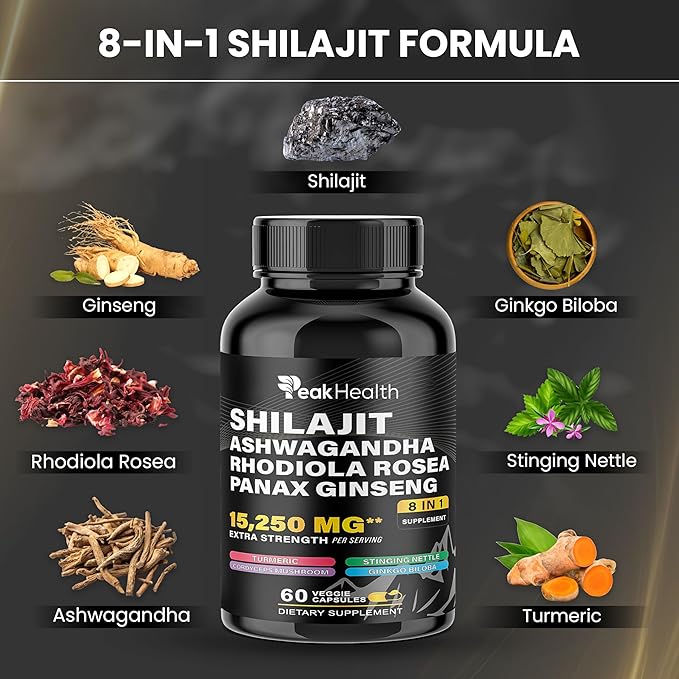 Shilajit Sea Moss Black Seed Oil Ashwagandha Capsules for Man Woman2 Bottle Combo with Turmeric Panax Ginseng Rhodiola19445mg Herbal FormulaEnergy &amp Immune Support 60 Capsules