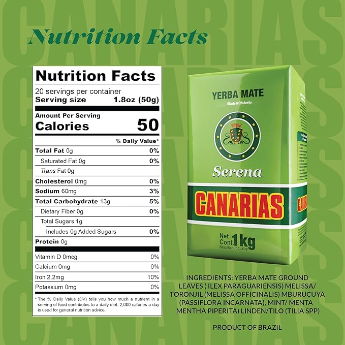 Canarias Serena Yerba Mate Tea - Herbal Yerba Mate with Melissa Passionflower &amp Mint - Ground Leaf Mate - Smooth &amp Balanced Flavor - 1 kg (Pack of 2)