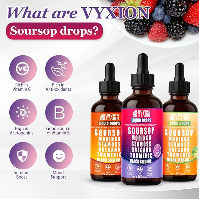 Soursop Bitters Liquid Drops 10 in 1 with Sea Moss Moringa Turmeric Black Seed Oil Oregano Ashwagandha | Herbal Extracts for Overall Health-Enhancing |Vegan Non-GMO| 2 Fl Oz(Mixed Berry Flavor)