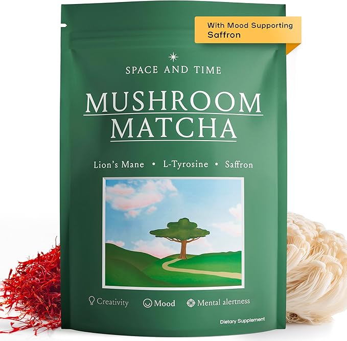 SPACE AND TIME Create - Mushroom Matcha Tea - 20 Cups of Creativity Energy &amp Enhanced Mood - Organic Matcha Powder with Lions Mane L-Theanine &amp Saffron