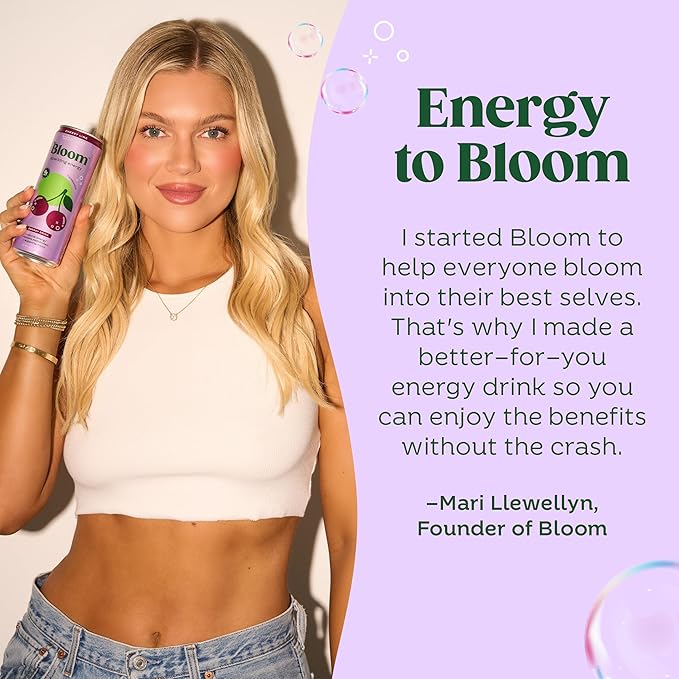 Bloom Nutrition Sparkling Energy Drink for Focus Natural Caffeine Zero Sugar 180mg Caffeine Antioxidant-Rich with Green Coffee Bean Green Tea Extract &amp Prebiotics Cherry Lime 12oz 24 Pack