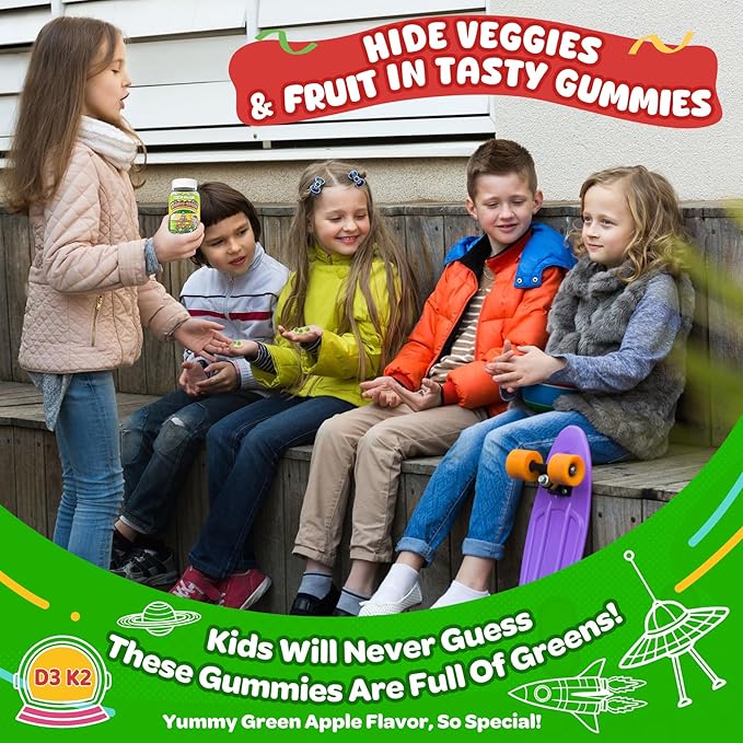 NEVISS Kids 4+ &amp Teens Super Greens 40-in-1 Gummies w/Multivitamin Omega3 Iron D3K2 Picky Eater Organic Super Fruits Veggies Superfood Gummy Mushroom Lutein | Immune Bone Brain Energy Sugar