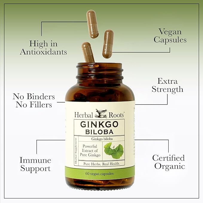 Herbal Roots Organic Ginkgo Biloba Made with Pure Organic Ginkgo Leaf and Extract - 60 Vegan Capsules (Pack of 2)