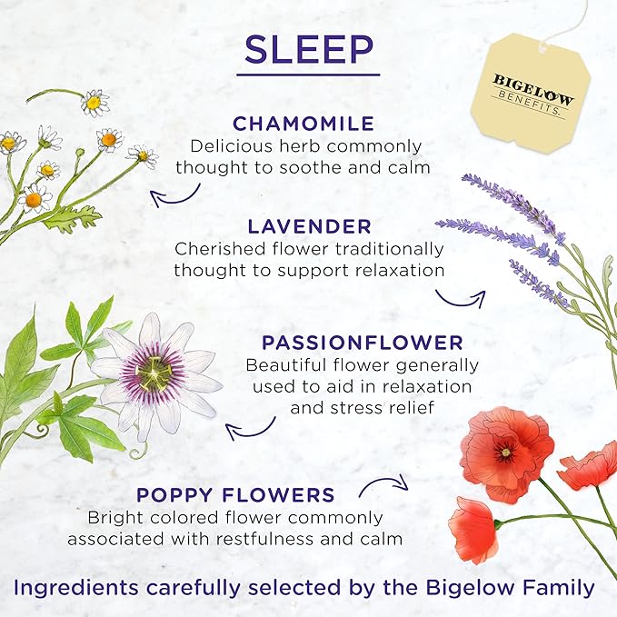Bigelow Benefits Sleep Chamomile Lavender Herbal Tea Caffeine Free 18 Count (Pack of 6) 108 Total Tea Bags
