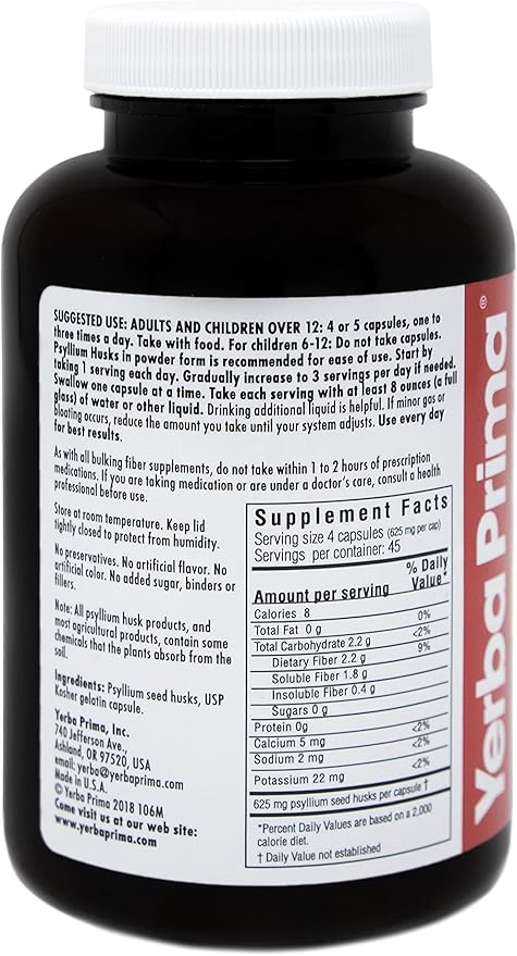 Yerba Prima Psyllium Husks Caps - 180 caps (Pack of 3) - Natural Fiber Supplement - Colon Cleansing - Non-GMO Gluten Free