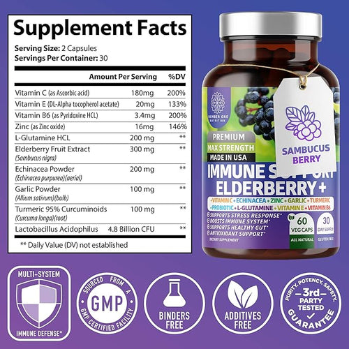 2 Pack N1N Premium 10 in 1 Immune Support Supplement [10 Potent Ingredients] with Elderberry Vitamin C Zinc Echinacea Turmeric Curcumin Garlic and Probiotics for Adults 120 Veg Caps