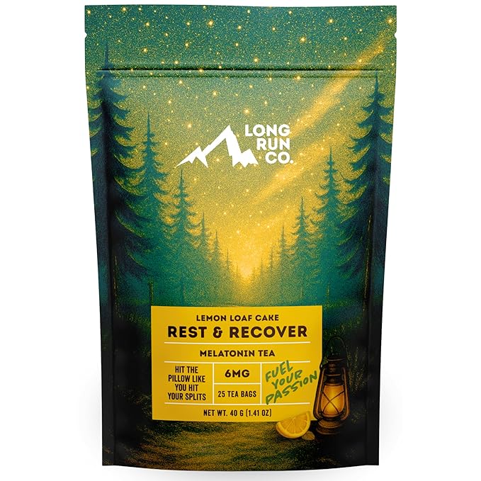 Rest &amp  Recover Sleep Tea by Long Run Co. – Caffeine‑Free Herbal Tea with Melatonin (25 Tea Bags) – All Natural Better Sleep &amp Recovery Wake Up Refreshed [6mg Melatonin Lemon Loaf Cake]