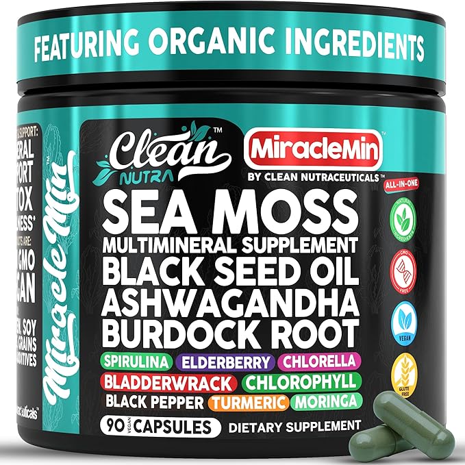 Clean Nutra Organic Sea Moss Capsules with Ashwagandha Black Seed Oil Burdock Root Bladderwrack Moringa Chlorella Spirulina Turmeric Elderberry Amla – 90 Vegan Capsules – MiracleMin