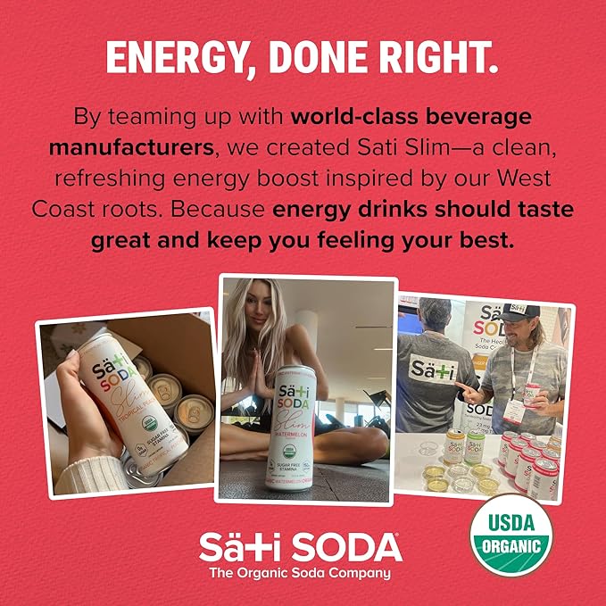 Sati Slim Organic Watermelon Soda - Adaptogenic Beverage with Lions Mane Green Coffee Bean &amp Acerola Vitamin C | Zero Calories Zero Sugar 12-Pack Case (12 Pack of 12 Ounce Cans Watermelon)