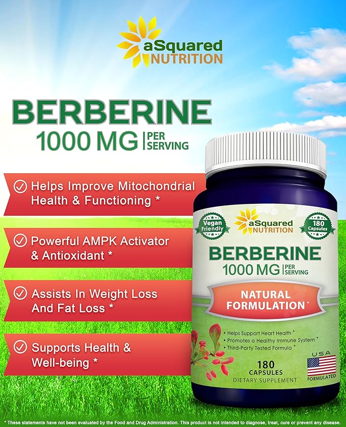 aSquared Nutrition Pure Berberine 1000mg Supplement - 180 Veggie Capsules Natural Berberine Hydrochloride HCL Plus Max Strength 1000 mg (2X 500mg) Potent Berberine Vegan Extract